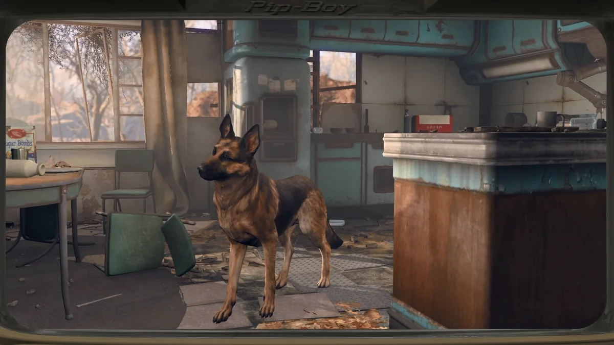 Dogmeat, el pastor alemán compañero de Fallout 4, en un interior del Commonwealth