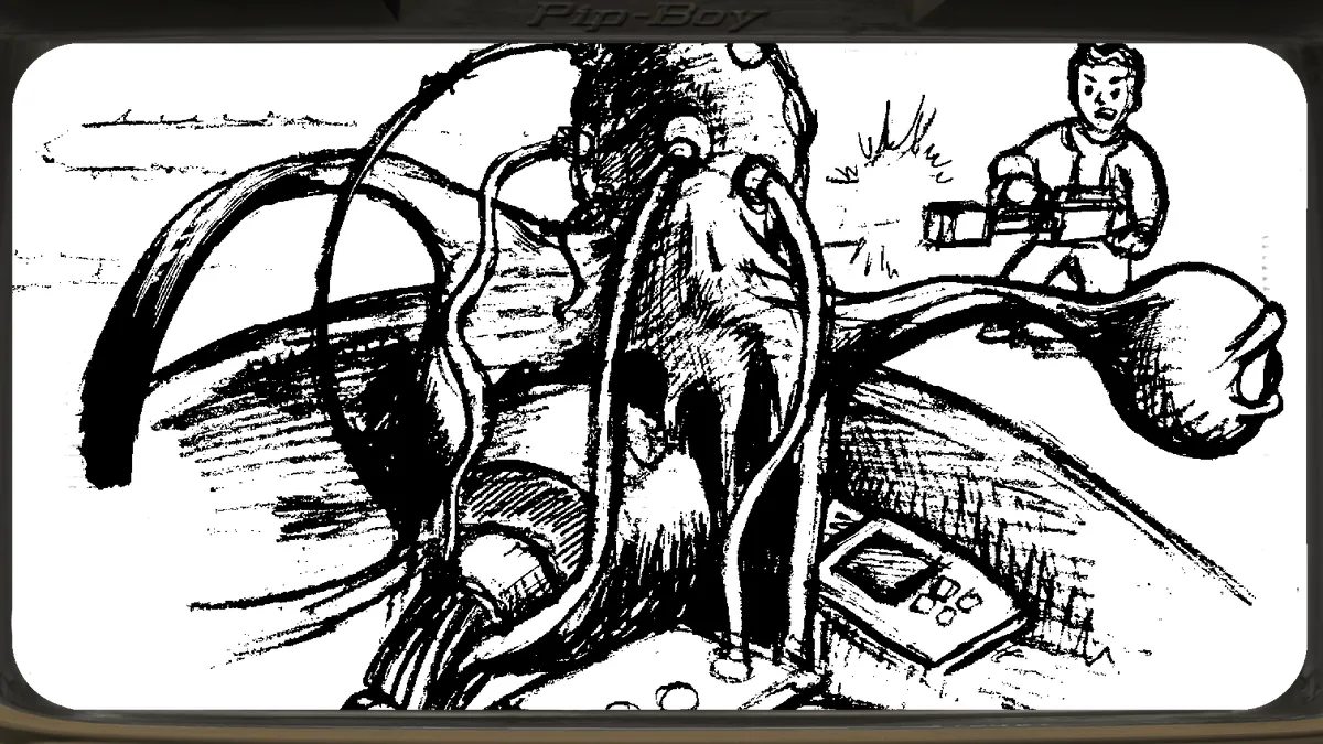 Ilustración en blanco y negro del Maestro, la masa mutante fusionada con la computadora