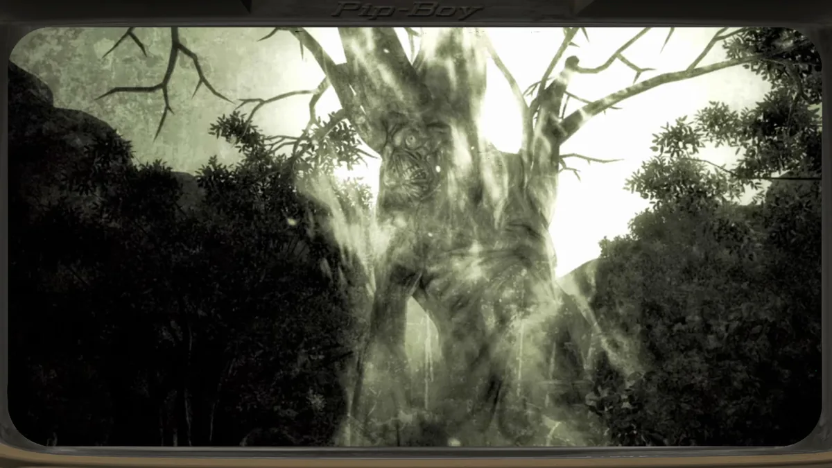 Harold convertido en árbol gigante en el Oasis de Fallout 3