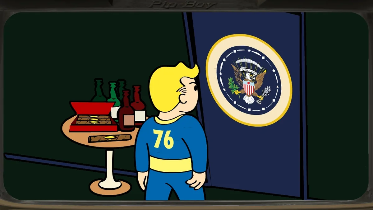 Ilustración del Vault Boy ante el sello presidencial en Fallout 76