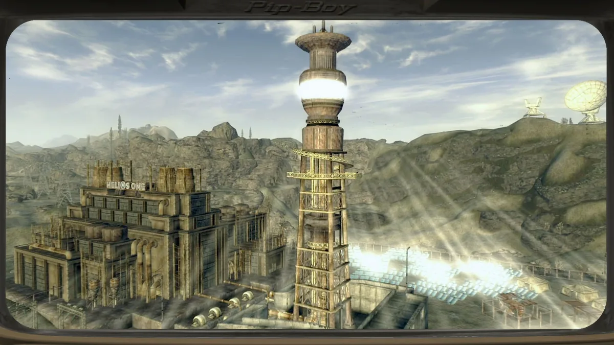 La torre solar de HELIOS One bajo el sol del Yermo Mojave en Fallout: New Vegas