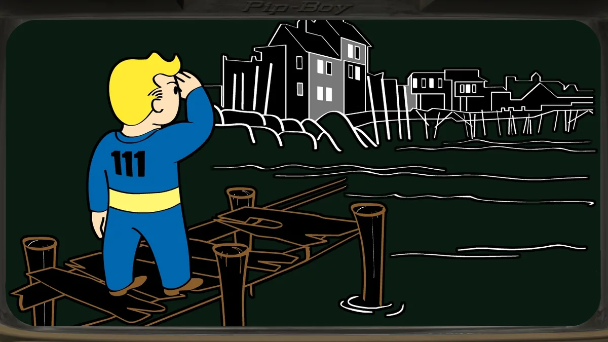 Ilustración de Far Harbor con el Vault Boy en el muelle de la isla