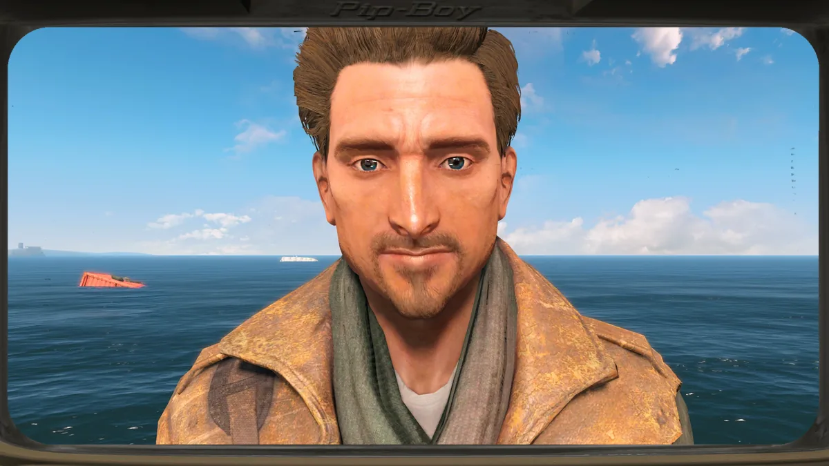 Retrato de Robert MacCready, compañero de Fallout 4, junto a la costa