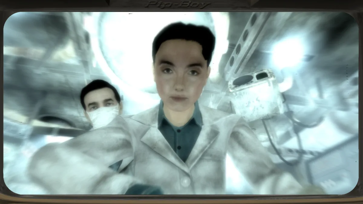 Escena inicial de Fallout 3 en la sala de partos del Refugio 101
