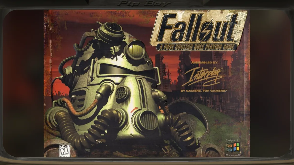 Portada del Fallout original de 1997 con la servoarmadura T-51b