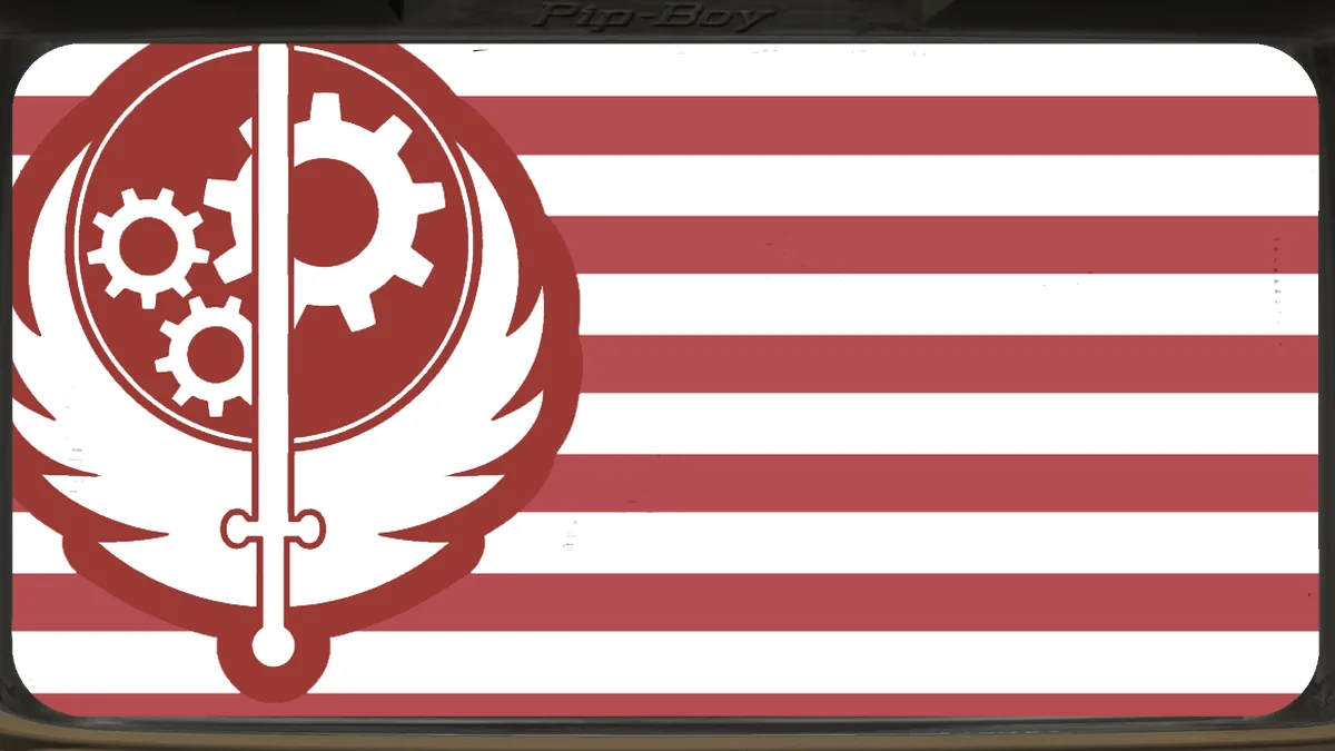 Emblema de la Hermandad del Acero sobre una bandera de barras rojas y blancas