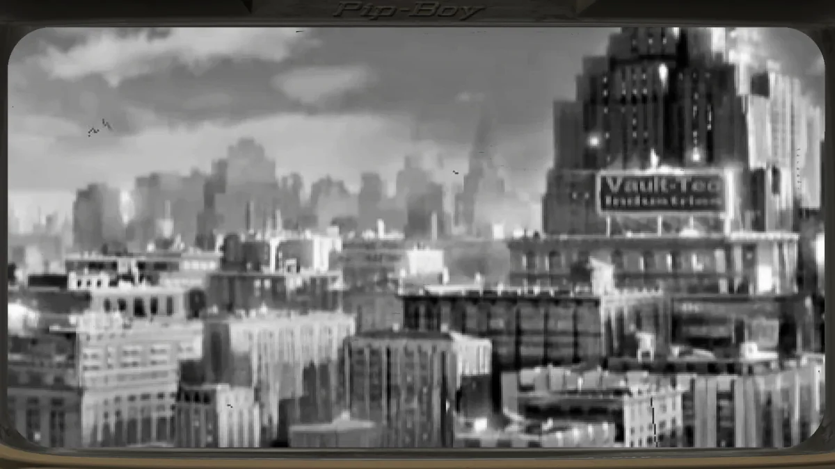 El rótulo de Vault-Tec Industries sobre el horizonte de una ciudad preguerra