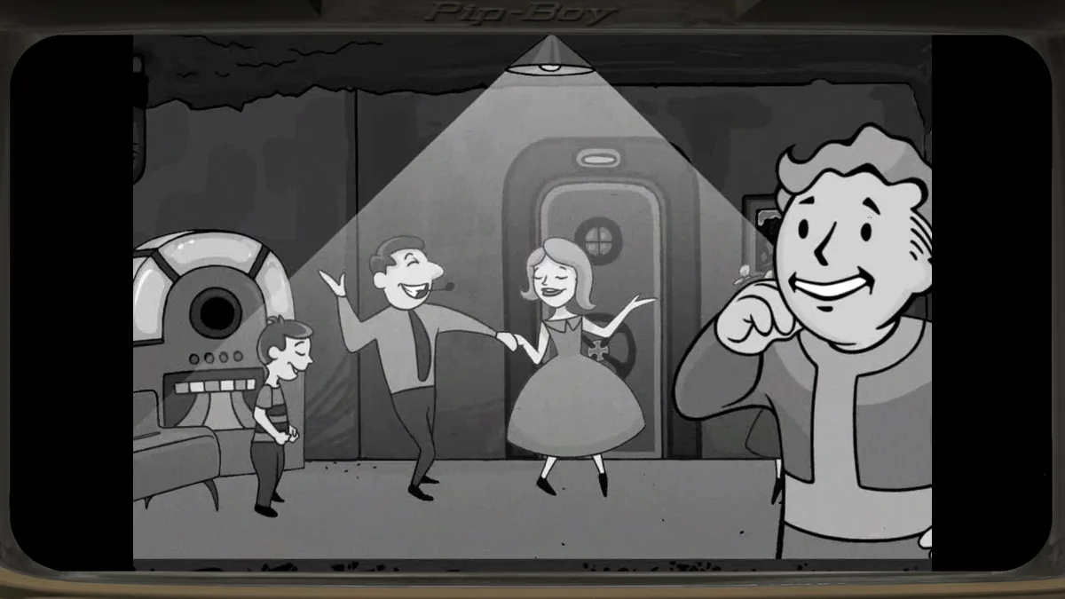 Ilustración clásica en blanco y negro del Vault Boy con una familia entrando en un refugio