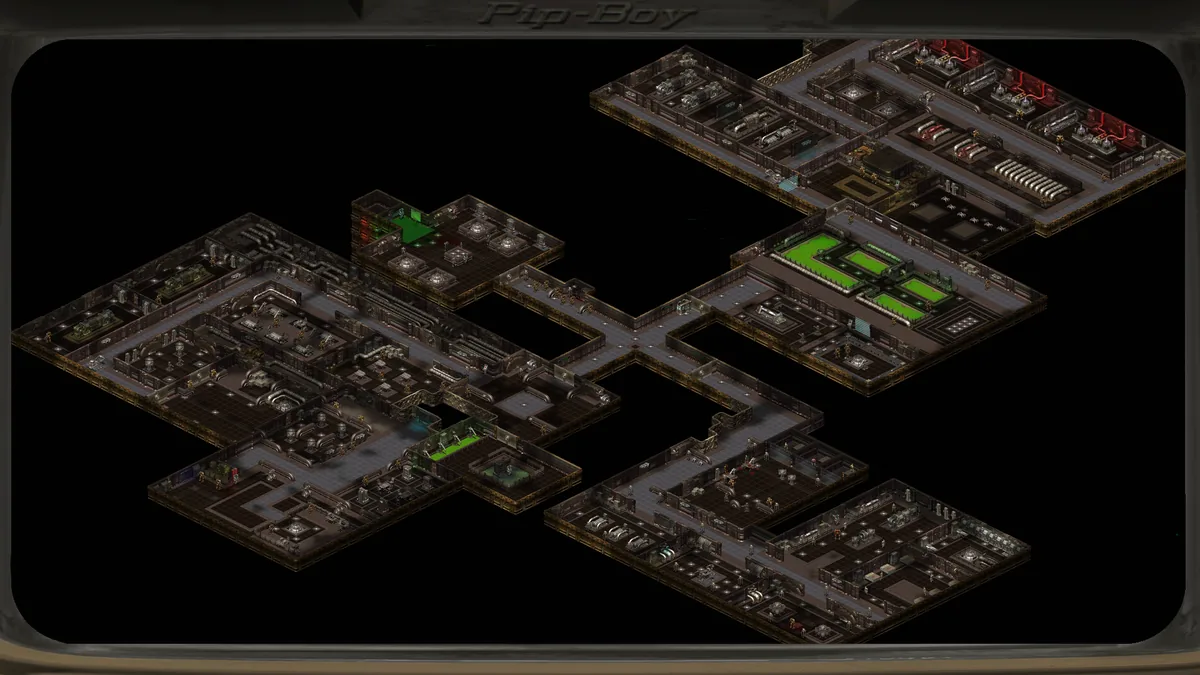 Plano isométrico del interior de un refugio de Vault-Tec