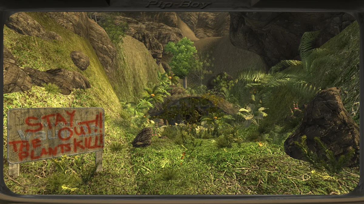 El interior del Refugio 22, invadido por plantas y esporas, en Fallout: New Vegas