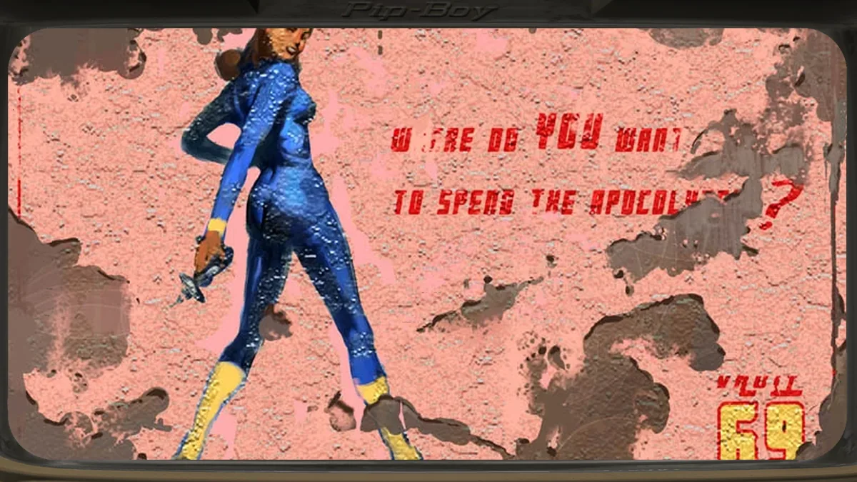 Cartel de Vault-Tec del Refugio 69 con una moradora en mono azul