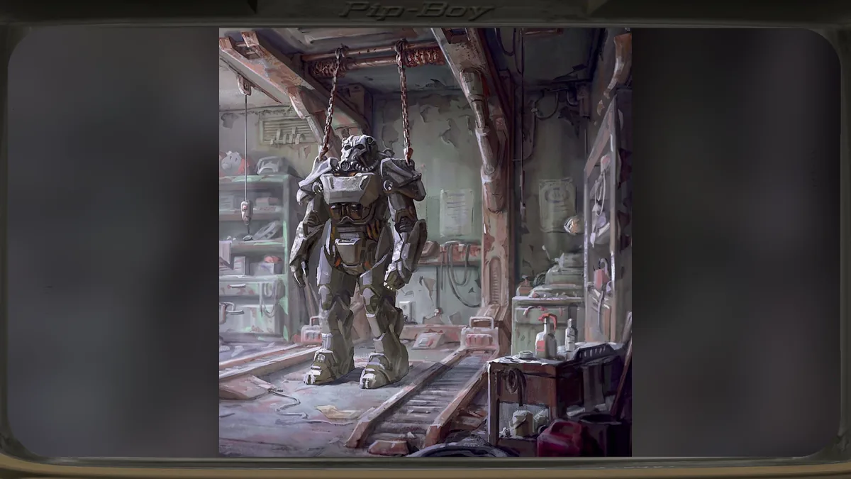 Servoarmadura en el interior de una estación Red Rocket de Fallout 4