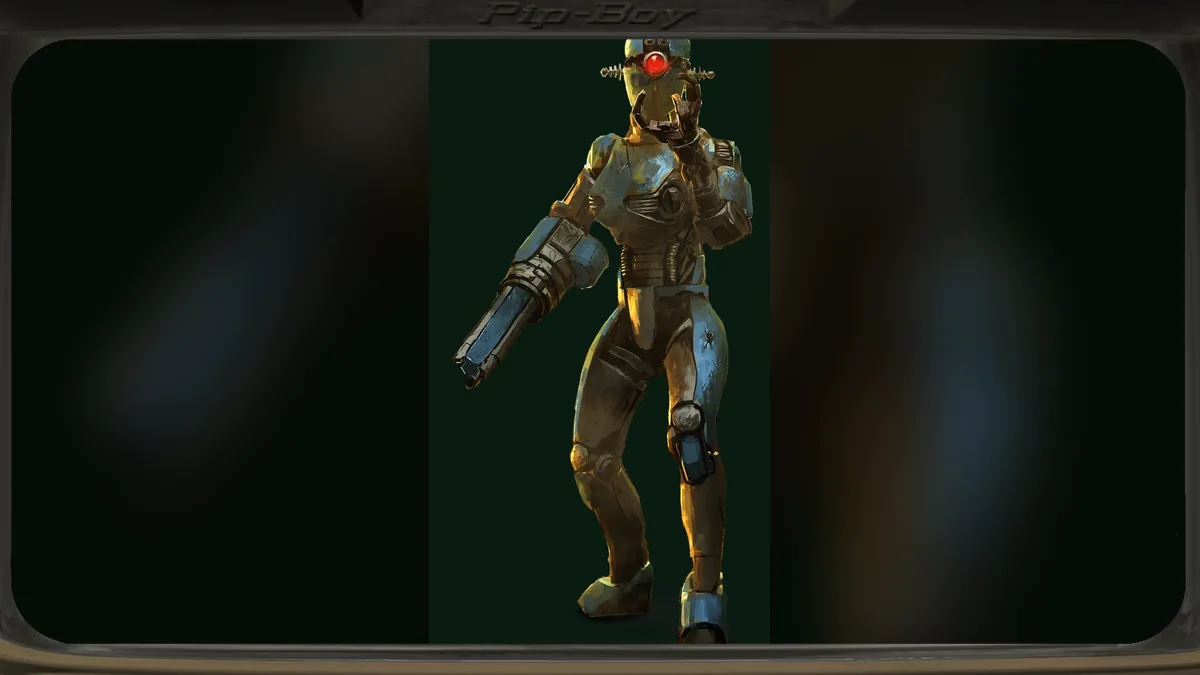 Ilustración de un asaltrón, el robot de combate con cabeza láser de Fallout