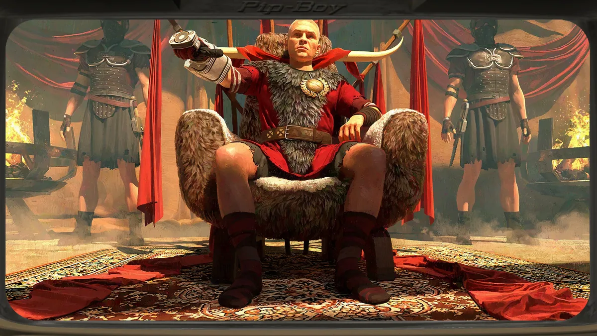 Ilustración de César sentado en su trono y flanqueado por dos legionarios