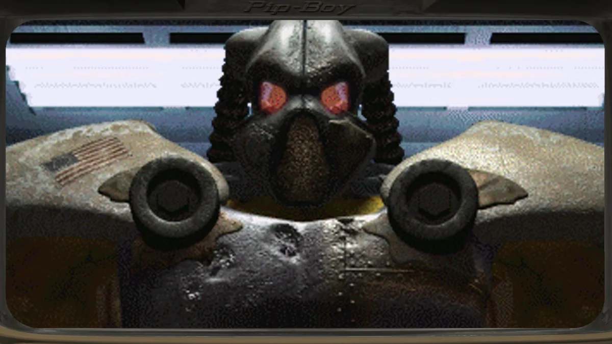 Primer plano de Frank Horrigan, con su armadura y los ojos rojos, en Fallout 2