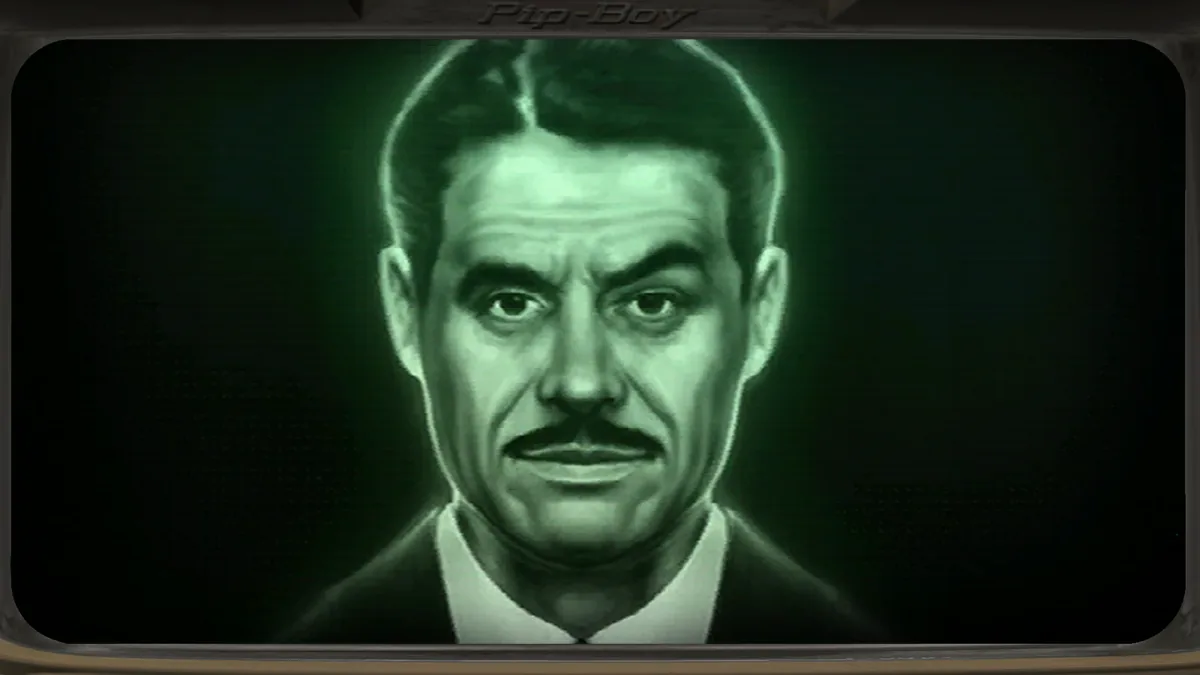 El rostro del señor House proyectado en su pantalla del Lucky 38