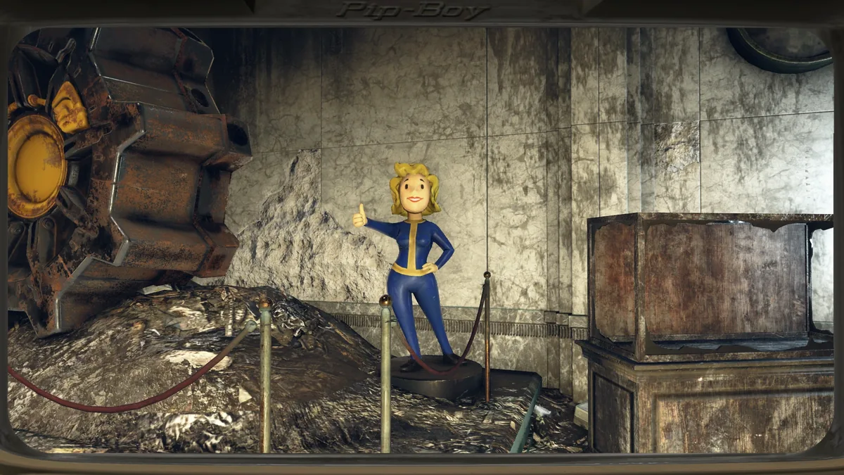 La Vault Girl saludando en un escenario de Fallout 76