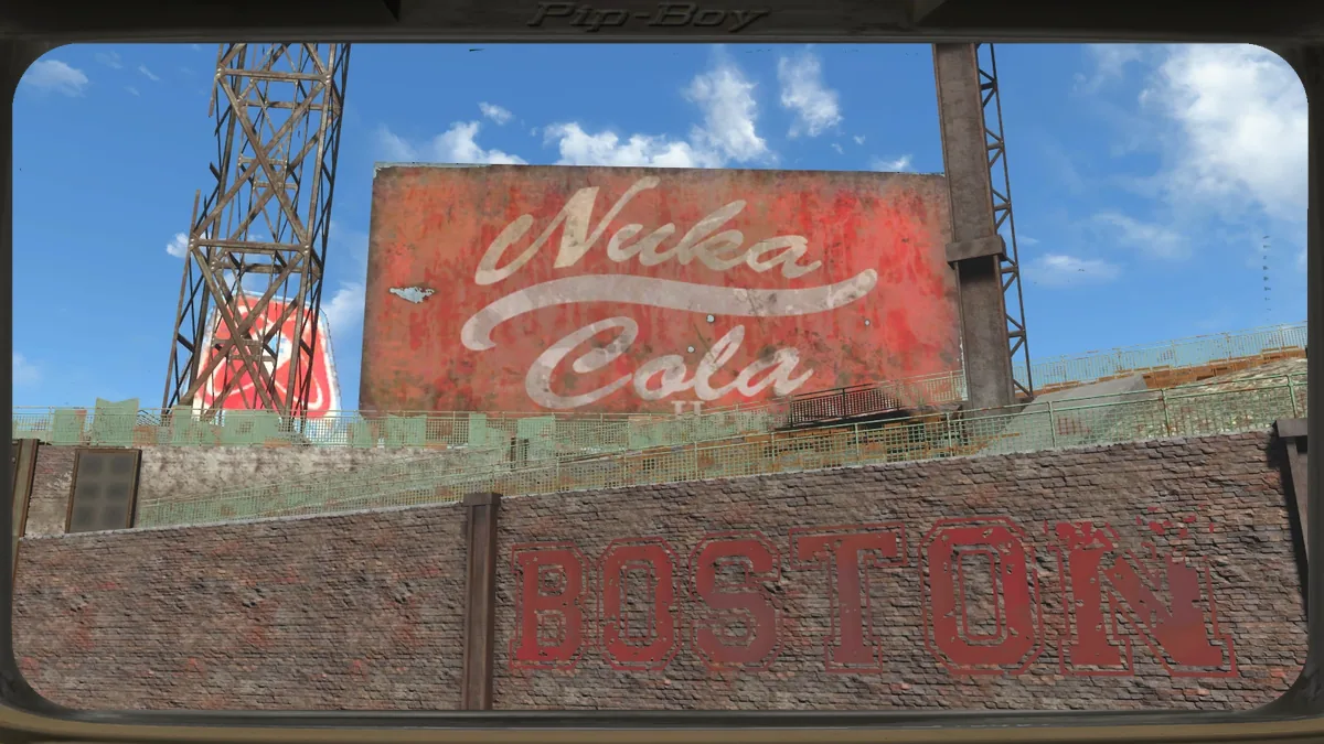 Valla publicitaria de Nuka-Cola sobre el rótulo de Boston en Fallout 4