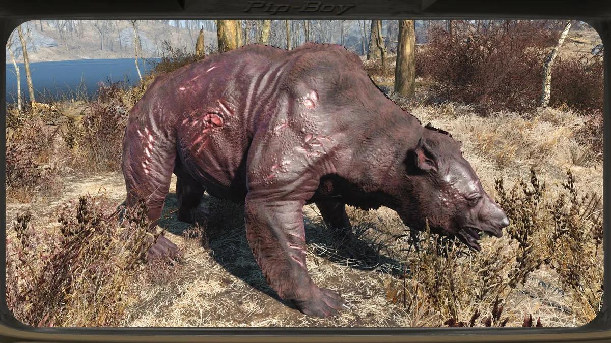Un yao guai, el oso mutado de Fallout, olfateando entre la maleza