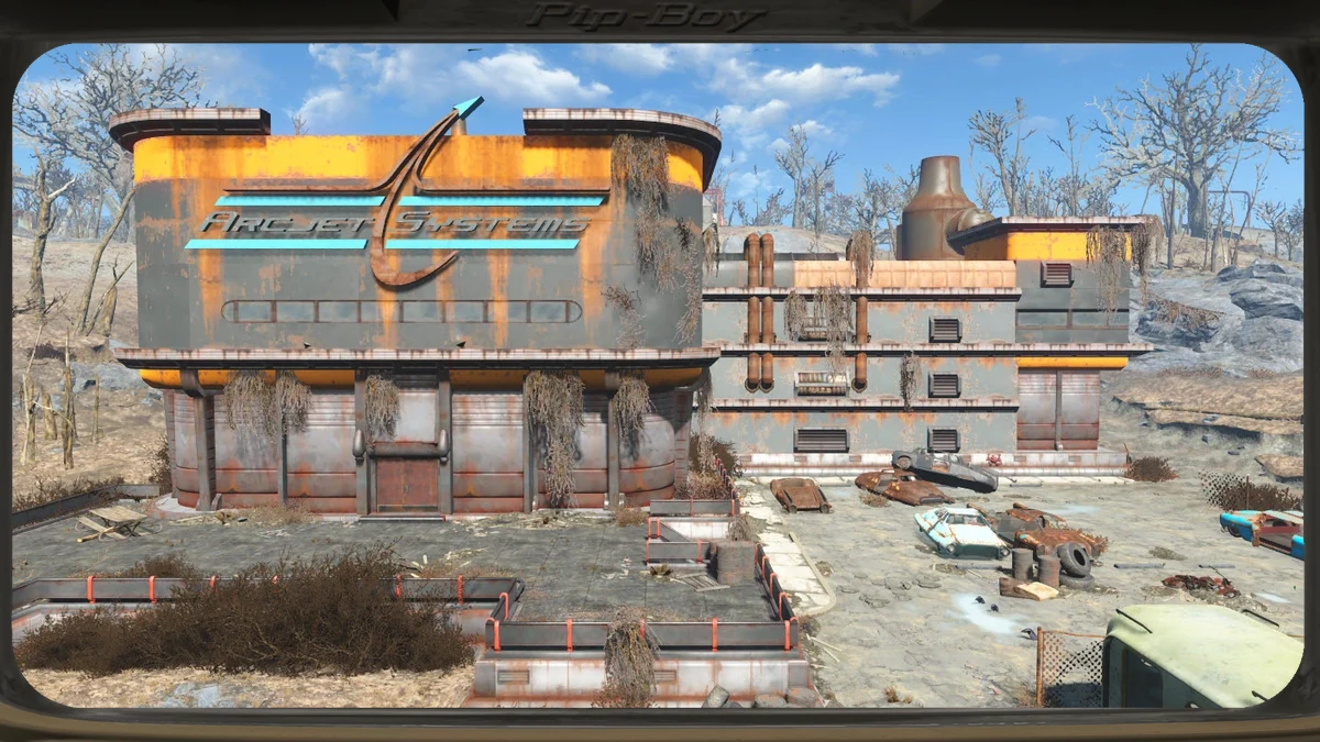 El motor XMB de ArcJet Systems colgando del techo de la cámara de pruebas en ruinas de Fallout 4, iluminado desde abajo