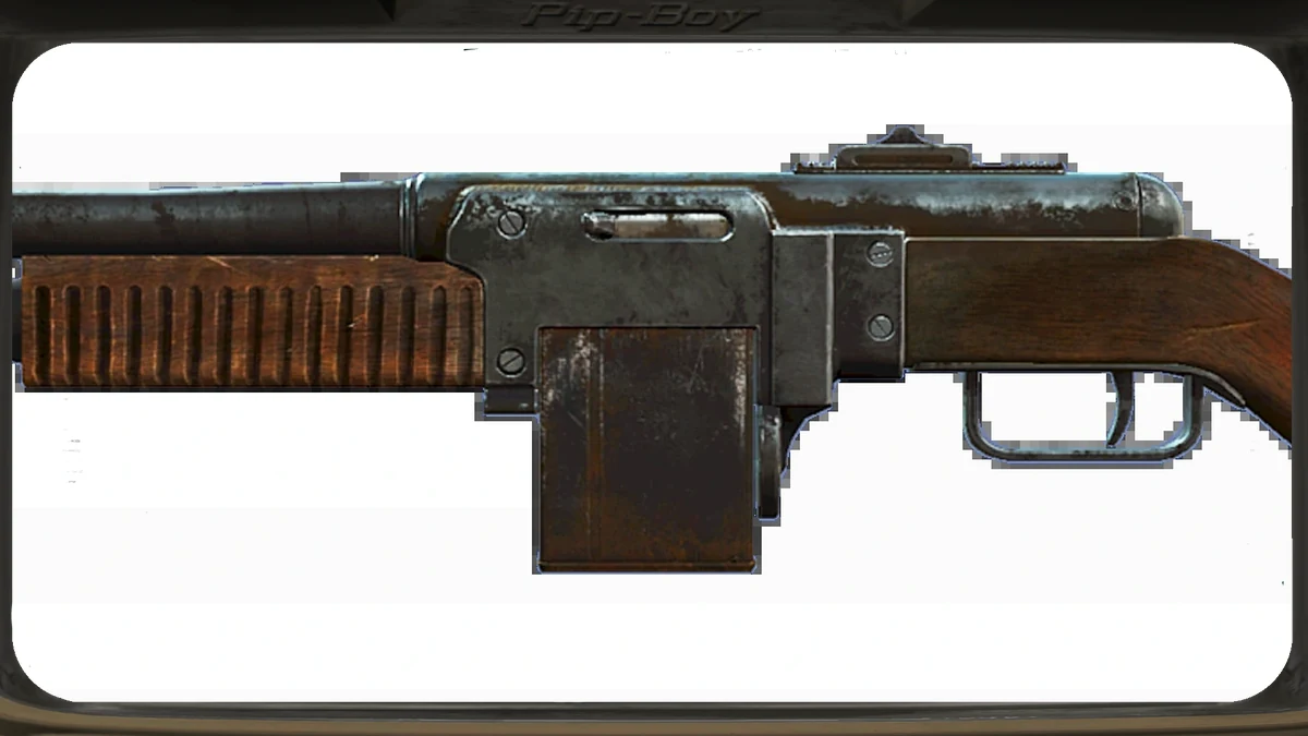 Rifle de combate de Fallout 4 de perfil, con cañón largo, culata completa, cargador recto de veinte balas y visor telescópico montado sobre el armazón.