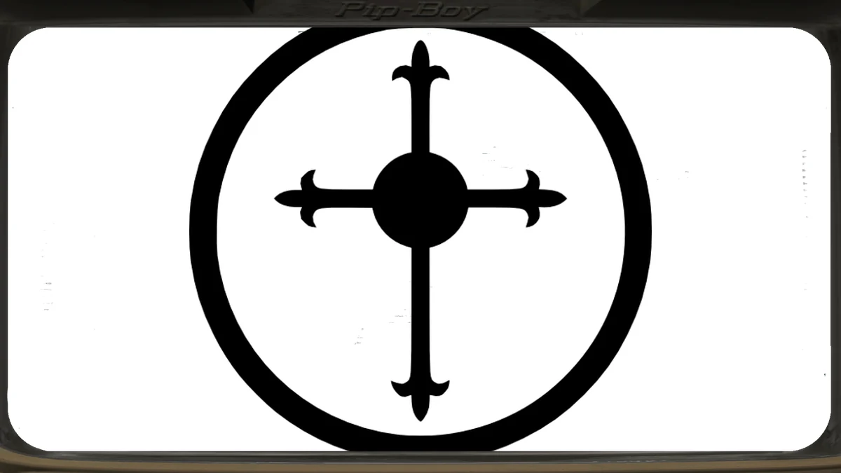 Emblema de flor de lis de los Seguidores del Apocalipsis sobre la bandera de la Antigua Fortaleza Mormona en Fallout: New Vegas