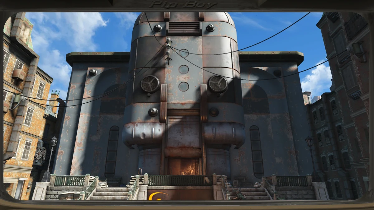 Fachada del edificio de HalluciGen, Inc. en Fallout 4, con el rótulo de la empresa sobre la entrada y las ruinas de Boston alrededor.