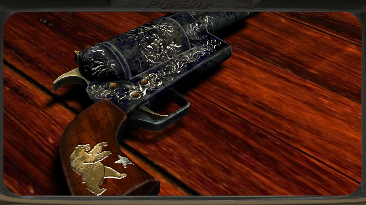 Ranger Sequoia de Fallout: New Vegas de perfil, con su acabado oscuro, el cañón octogonal grabado y la placa de latón de veinte años en la base del mango.