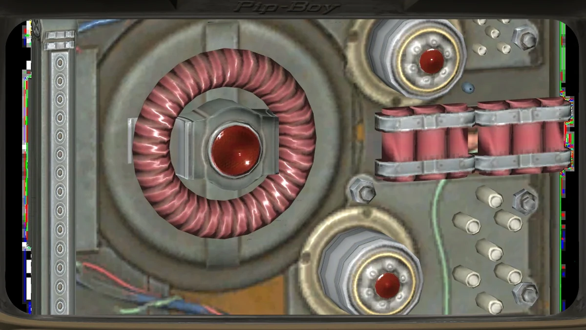 Un núcleo estelar de Fallout 4, una placa de circuito negra con luces rojas encendidas, encajado en un panel de la unidad central de Control Estelar