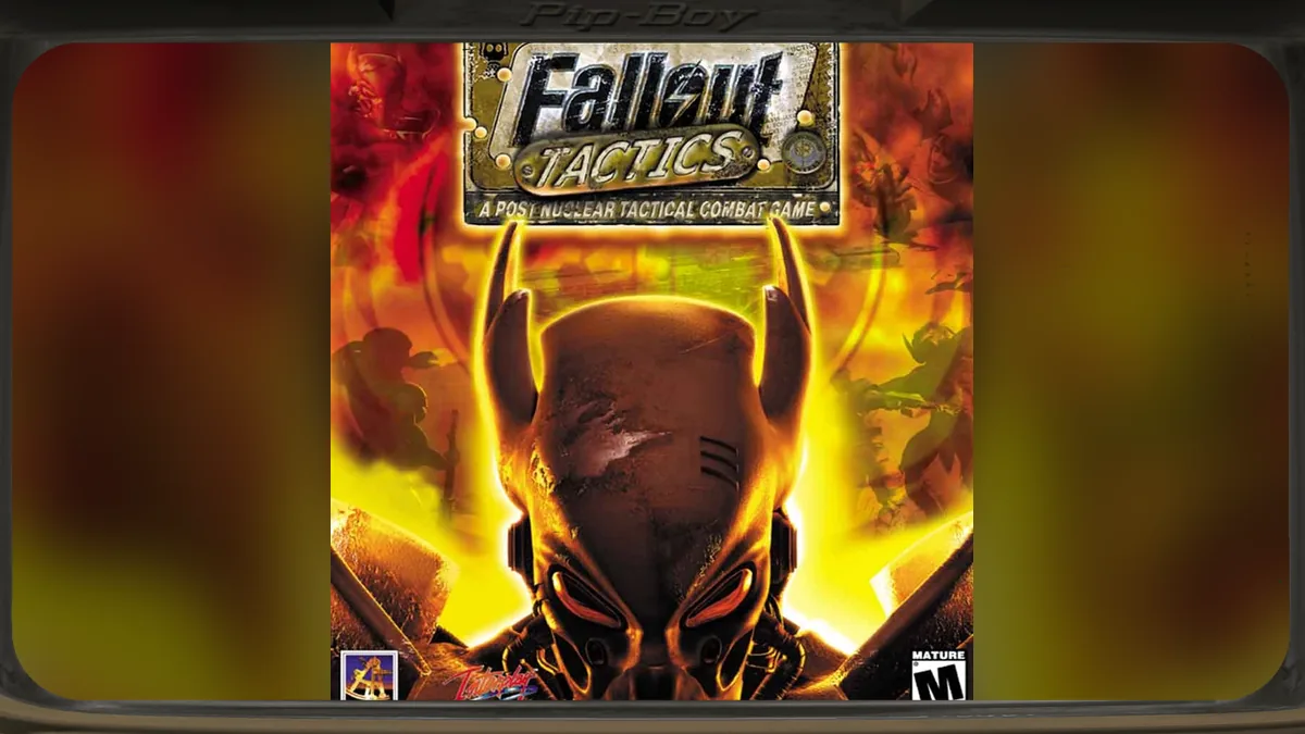 Portada de Fallout Tactics: Brotherhood of Steel, spin-off tactico de 2001 con la Hermandad del Acero del Medio Oeste