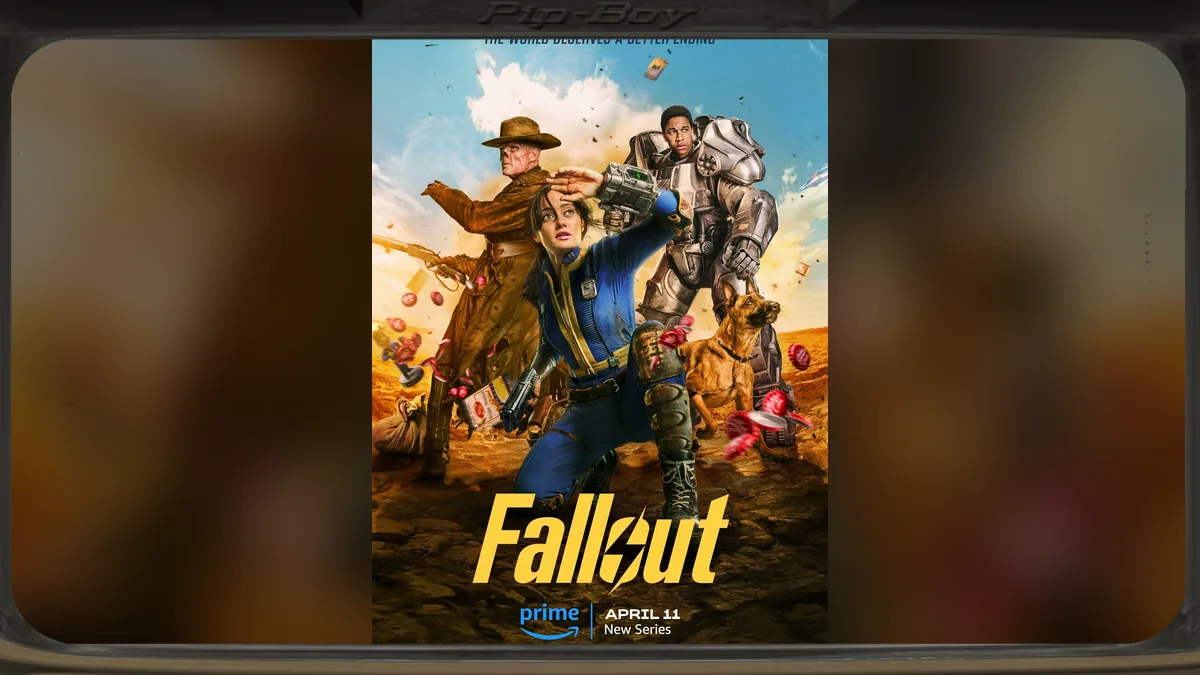 Poster promocional de la serie de television de Fallout de Amazon Prime Video con Lucy MacLean, Maximus con servoarmadura y Cooper Howard, el Necrofago, en el Yermo.
