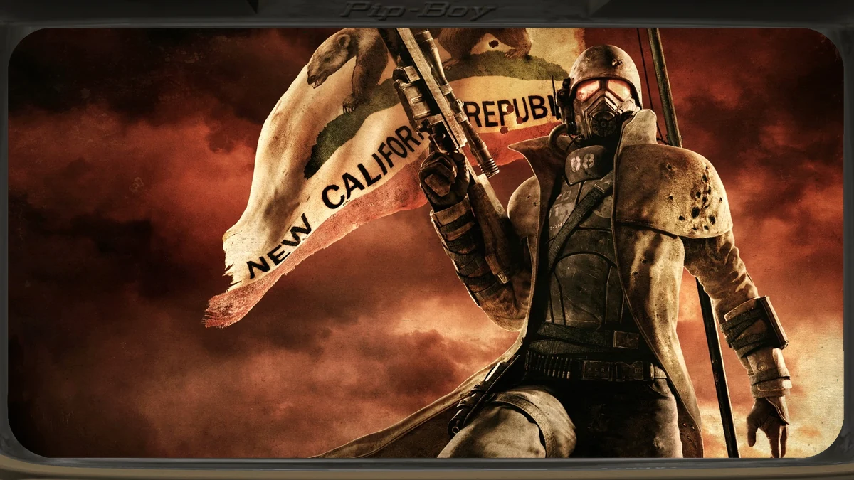 Un ranger de la RNC con la armadura de combate de ranger y la bandera de la República de Nueva California, en un arte promocional de Fallout: New Vegas