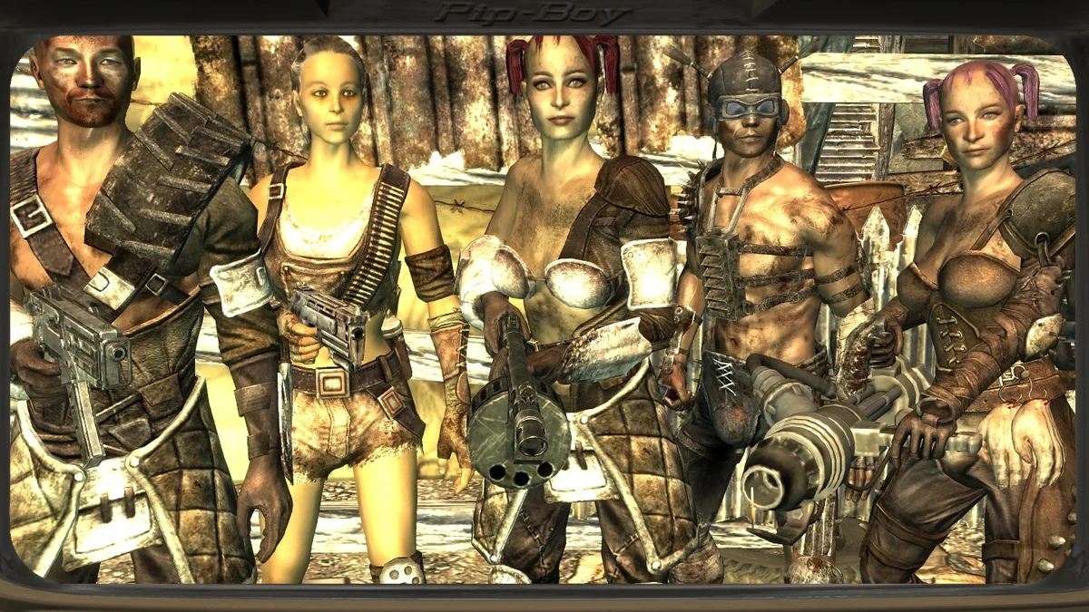 Un grupo de saqueadores de Fallout 3 con sus armaduras improvisadas de cuero y chatarra