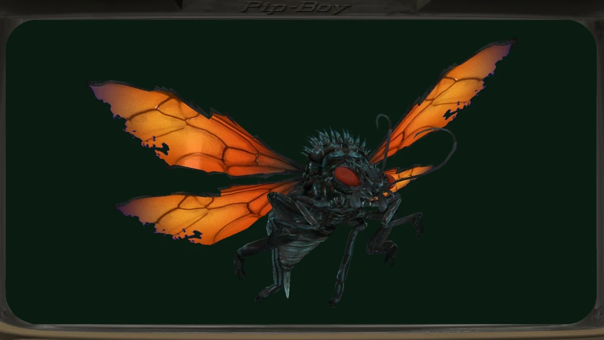 Un cazador de Fallout: New Vegas con las alas desplegadas, de color naranja ámbar, y el caparazón azul oscuro