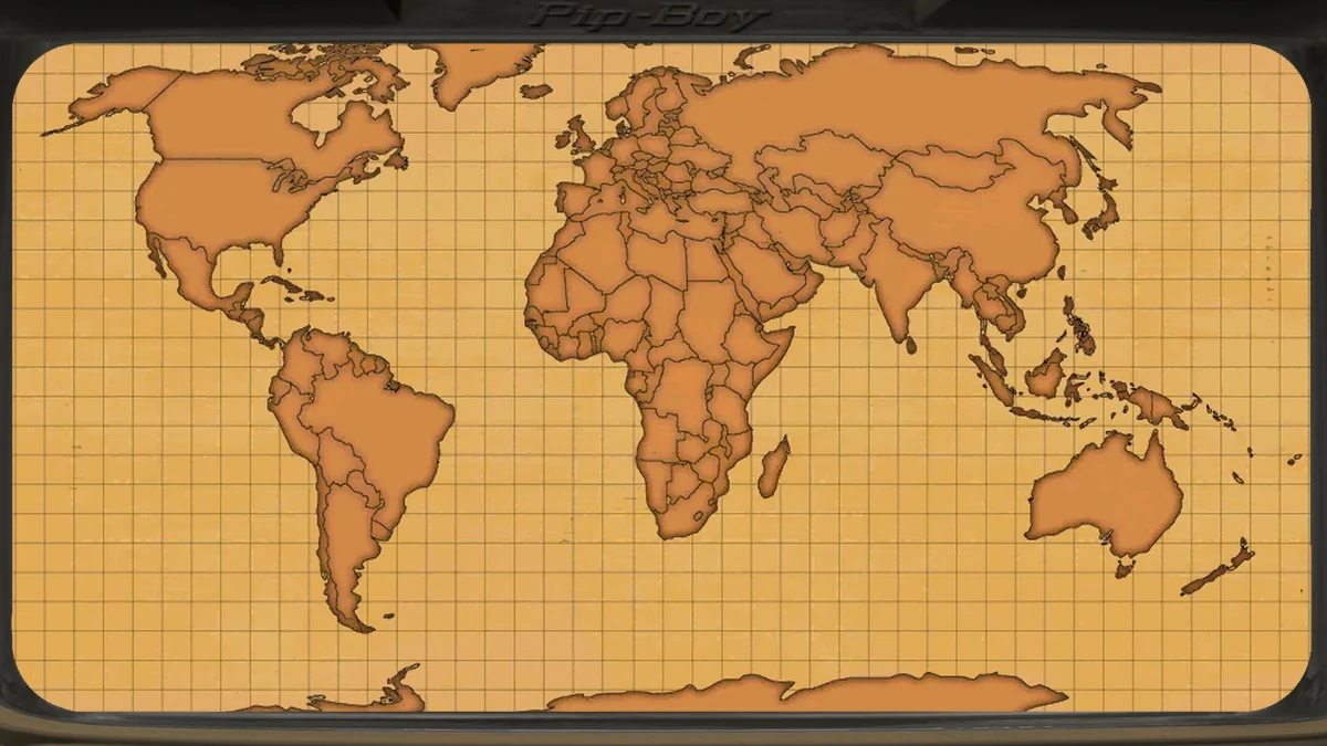 Mapamundi preguerra de Fallout 4 con los continentes dibujados sobre papel cuadriculado