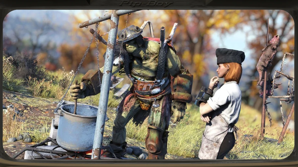 Grahm, el supermutante cocinero, junto al caldero de la barbacoa de la Meat Week de Fallout 76