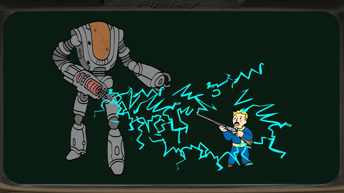 Ilustración de Vault Boy enfrentándose a un robot gigante, el icono de un evento público de Fallout 76