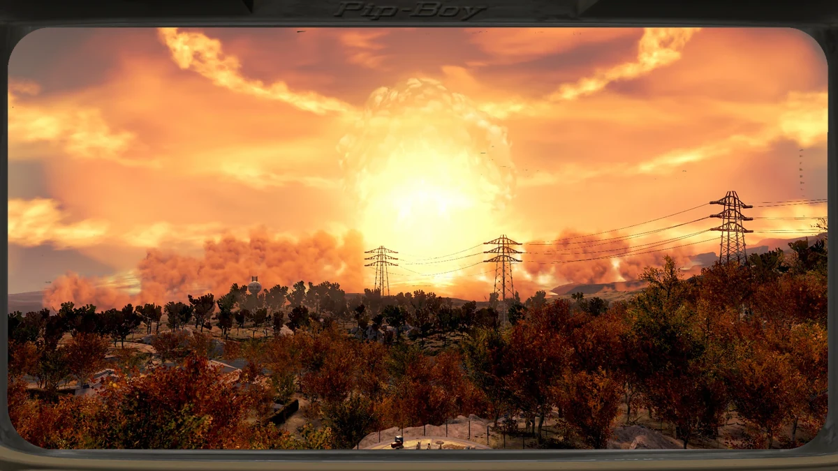 Hongo nuclear alzándose sobre el horizonte de una ciudad estadounidense el 23 de octubre de 2077, el día de la Gran Guerra de Fallout