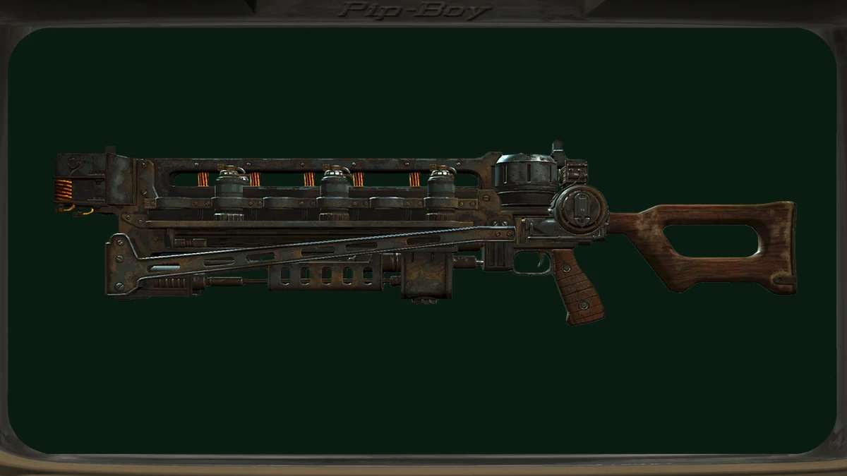 Cañón Gauss de Fallout 4 de perfil, con el tambor de munición superior, el cableado de cobre a la vista y el panel de tubos Nixie sobre la culata.