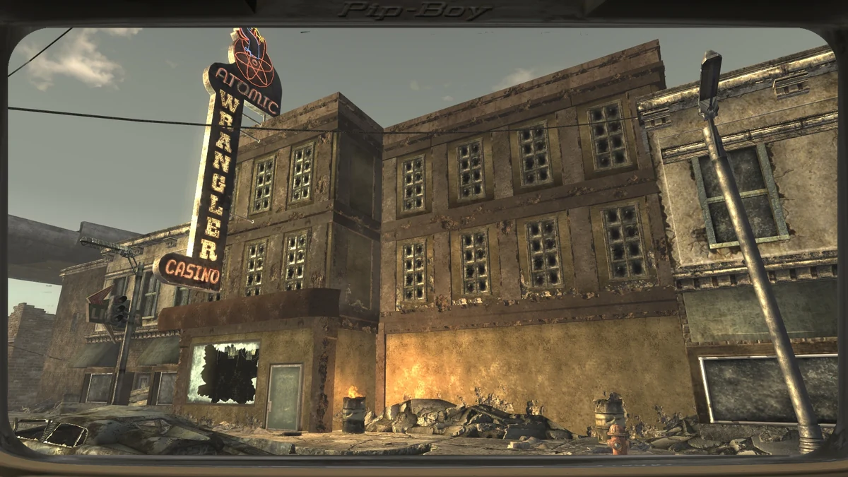 La fachada del Atomic Wrangler en Freeside, con su letrero vertical de casino