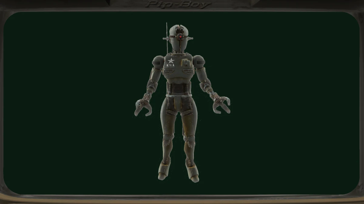 Un asaltrón de Fallout 4, el robot de combate de silueta humanoide con un láser en la cabeza