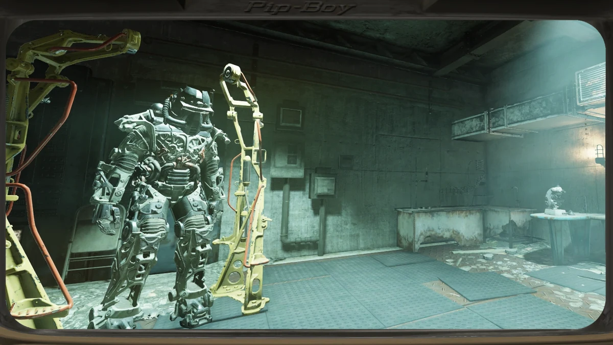 Una servoarmadura en su estación de la sala de Grafton Steel, uno de los sitios donde se encuentra en Fallout 76
