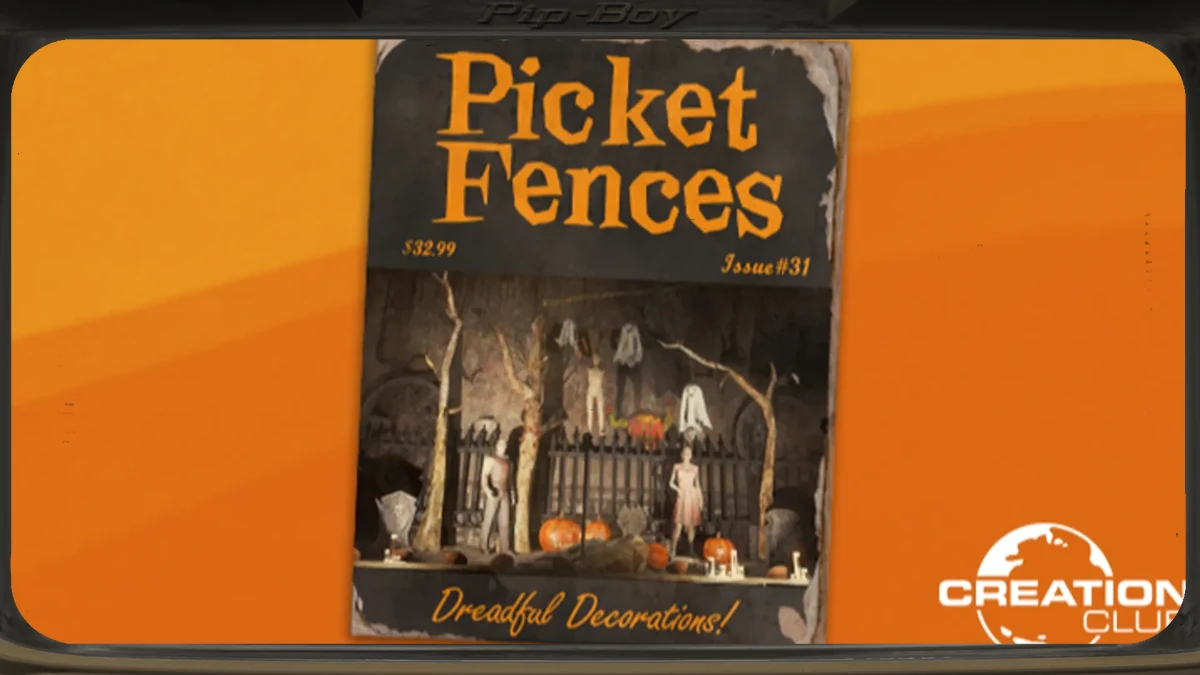 Arte promocional del paquete Halloween Workshop de Fallout 4, con una revista Picket Fences dedicada a la decoración de Halloween