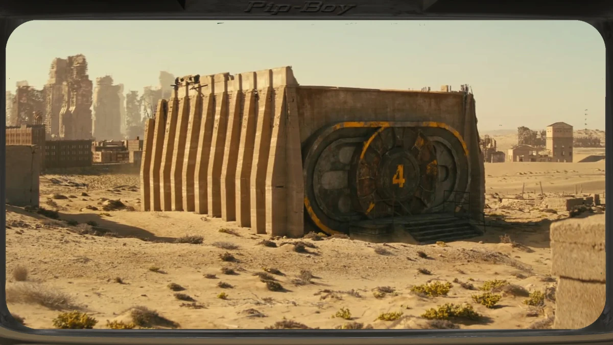 La entrada del Refugio 4 en el desierto, con la puerta blindada numerada, en la serie de televisión de Fallout