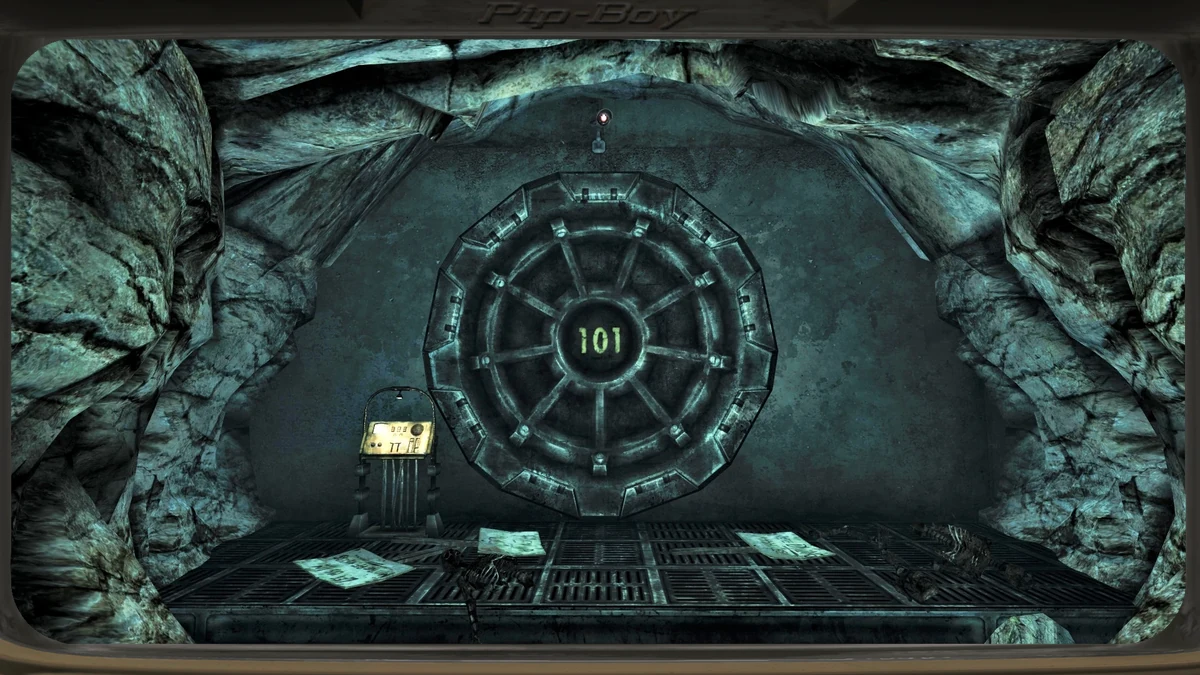 La puerta blindada del Refugio 101 de Fallout 3, con el engranaje numerado, al fondo del túnel de entrada