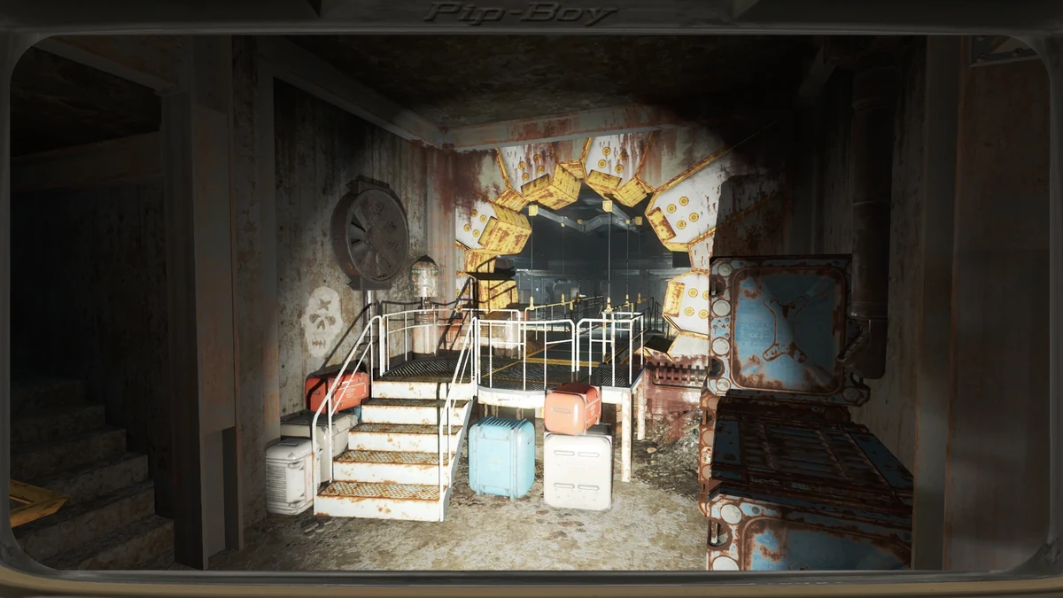 Entrada del Refugio 75 en el sótano de la escuela secundaria Malden, con la puerta blindada de Vault-Tec y el pasillo del interior en Fallout 4