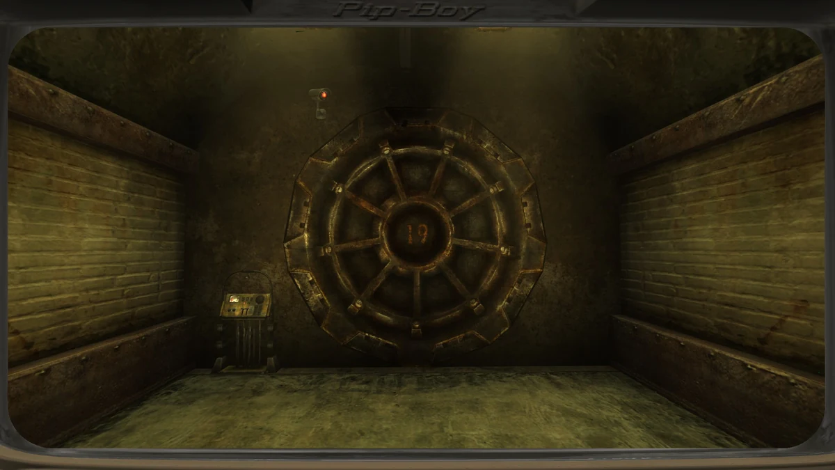 La puerta blindada del Refugio 19 de Fallout: New Vegas al fondo de su túnel de entrada