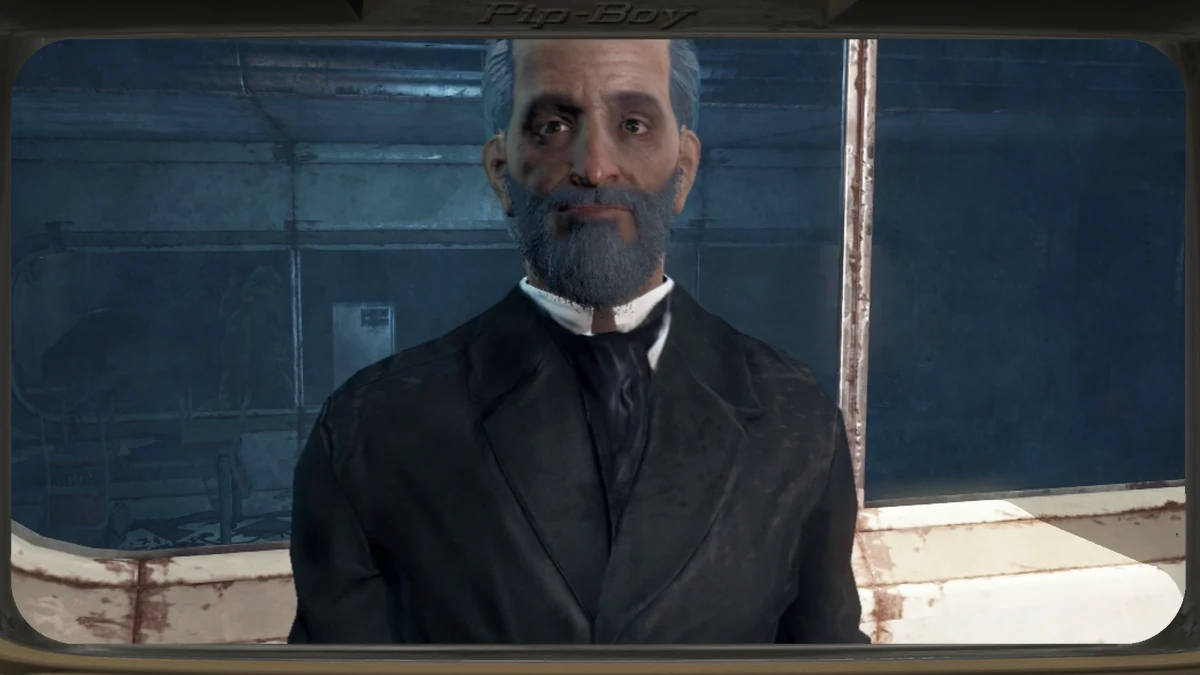 Lorenzo Cabot en Fallout 4, con su barba canosa y su traje negro