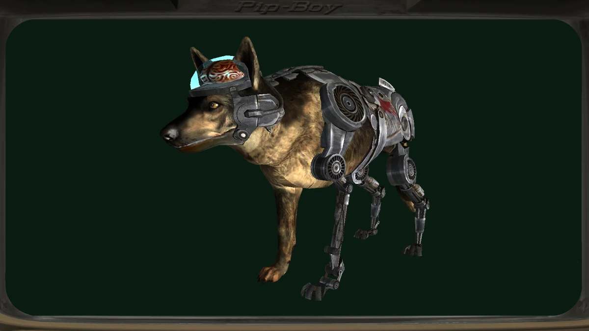 Rex, el ciberperro de Fallout: New Vegas, con el cerebro en una cúpula sobre la cabeza y las patas traseras metálicas