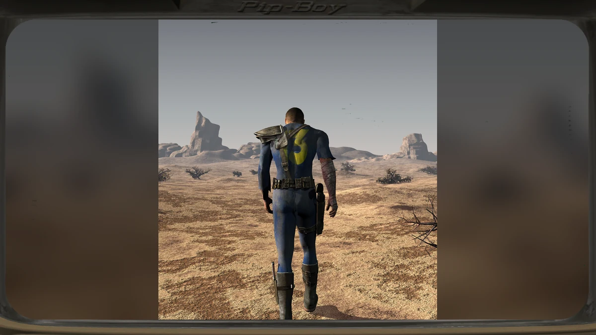 El Morador del Refugio, con el mono azul del Refugio 13, se aleja hacia el desierto al final de Fallout